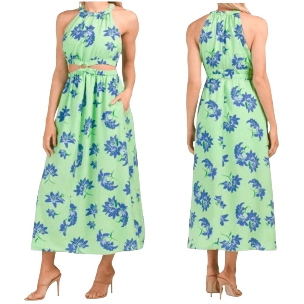 Likely Karrica Maxi Dress Green Blue Floral Print Cut‎ Out Halter Size 8 NEW